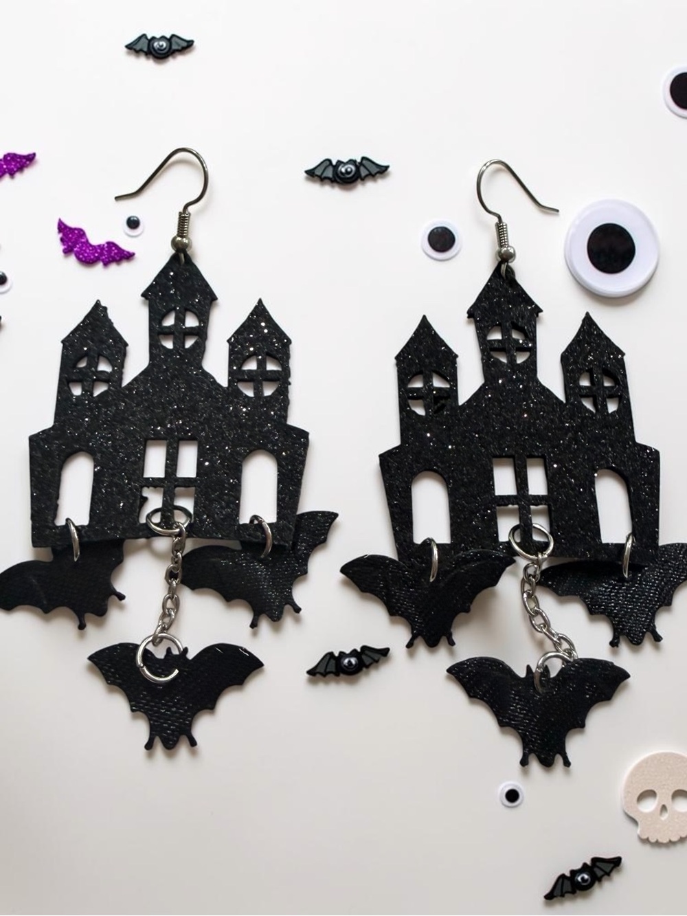 Black Haunted House Bat Dangle Earrings